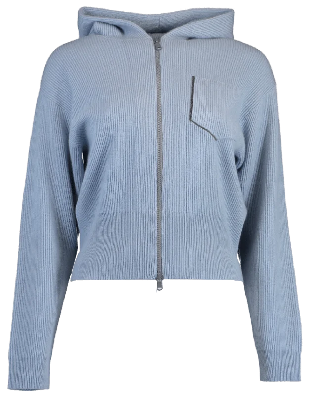 Cashmere Ribbed Hooded Cardigan Satin Blend Silk Blend Wool Blend