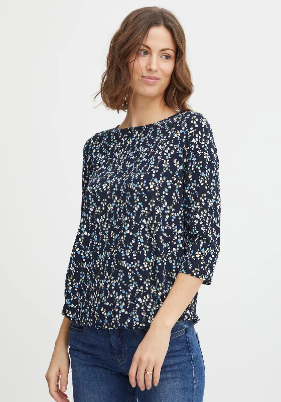 Fransa Three Quarter Sleeve Floral T-Shirt, Navy Blazer Women's Boutique Suit