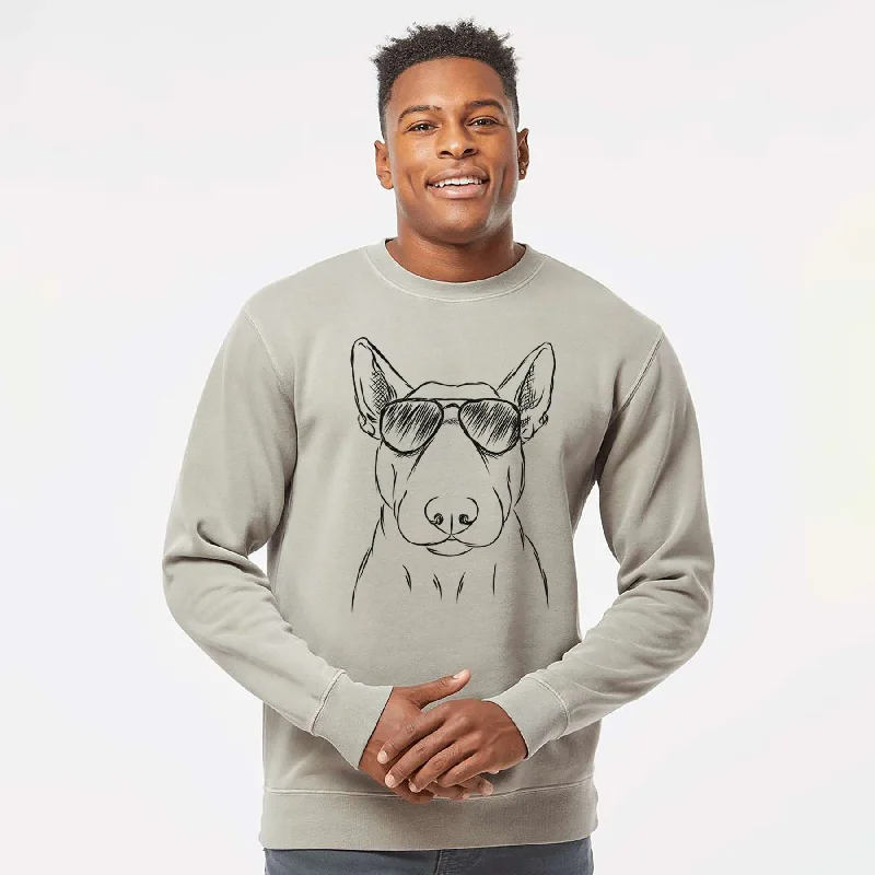 Aviator Jett the Bull Terrier - Unisex Pigment Dyed Crew Sweatshirt Hoodie with Hem Patch Decorative Personalized