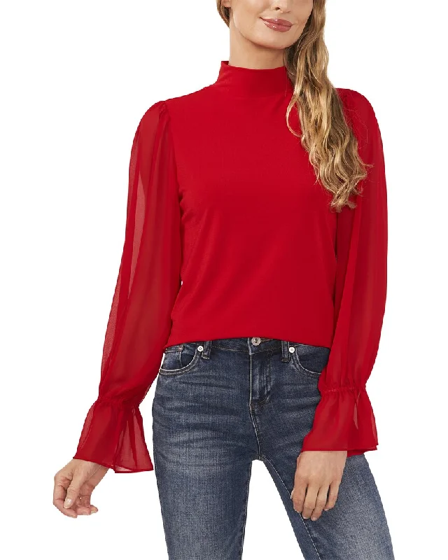 Cece Mixed Media Mock Neck Knit Top Burgundy Knit Shirt