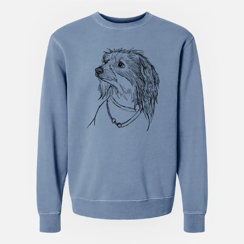 Doodled Ava Olivia the Chinese Crested - Unisex Pigment Dyed Crew Sweatshirt Hoodie with Hem Applique Textured Unique