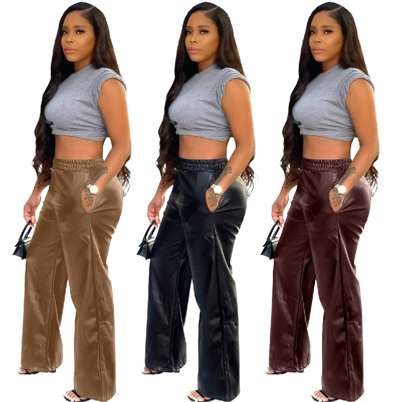 Z64370 Fashion Casual elastic PU leather High Waist Wide Leg pants Fall Women Trousers Trousers practical durable Z64370 Fashion Casual elastic PU leather High Waist Wide Leg pants Fall Women Trousers Trousers practical durable