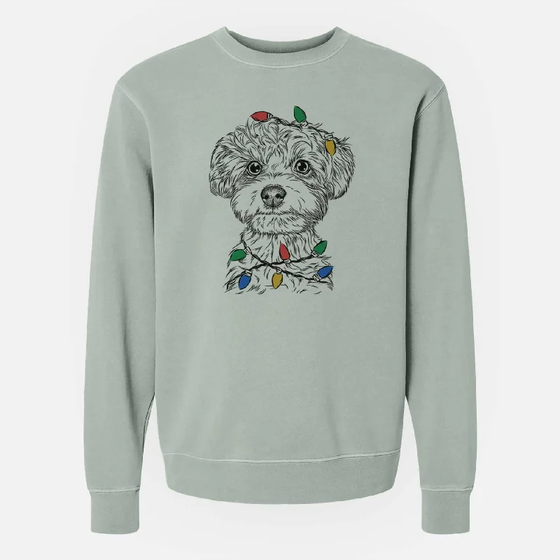 Christmas Lights Elliott the Yorkiepoo - Unisex Pigment Dyed Crew Sweatshirt Hoodie with Metallic Shiny Futuristic