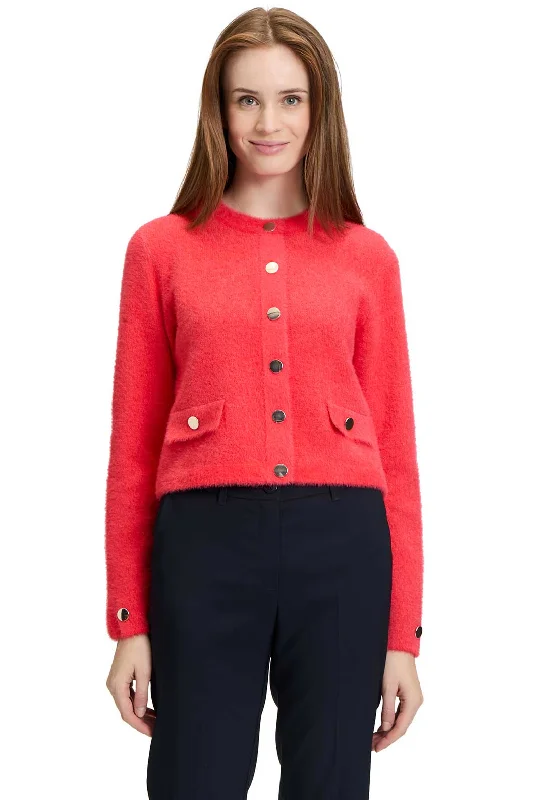 Betty Barclay Fluffy Button Up Cardigan, Orange Front Pockets Side Pockets Patch Pockets