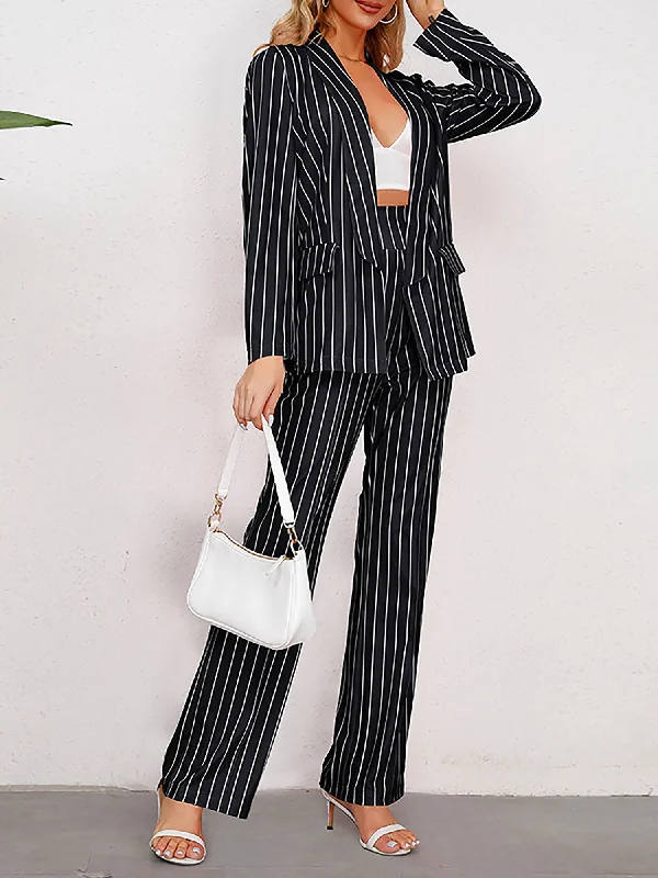 2 Pieces Shawl Collar Striped Long Sleeve Blazer & Straight Leg Pants Suit Sets Women's High-End Blazer 2 Pieces Shawl Collar Striped Long Sleeve Blazer & Straight Leg Pants Suit Sets Women's High-End Blazer