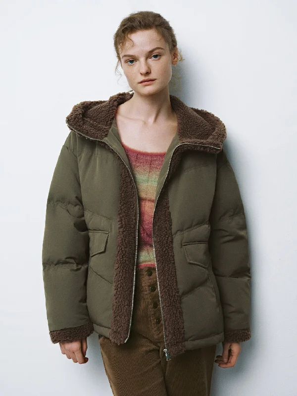 Quilted Down Puffer Shearling Jackets Front Pockets Side Pockets Patch Pockets