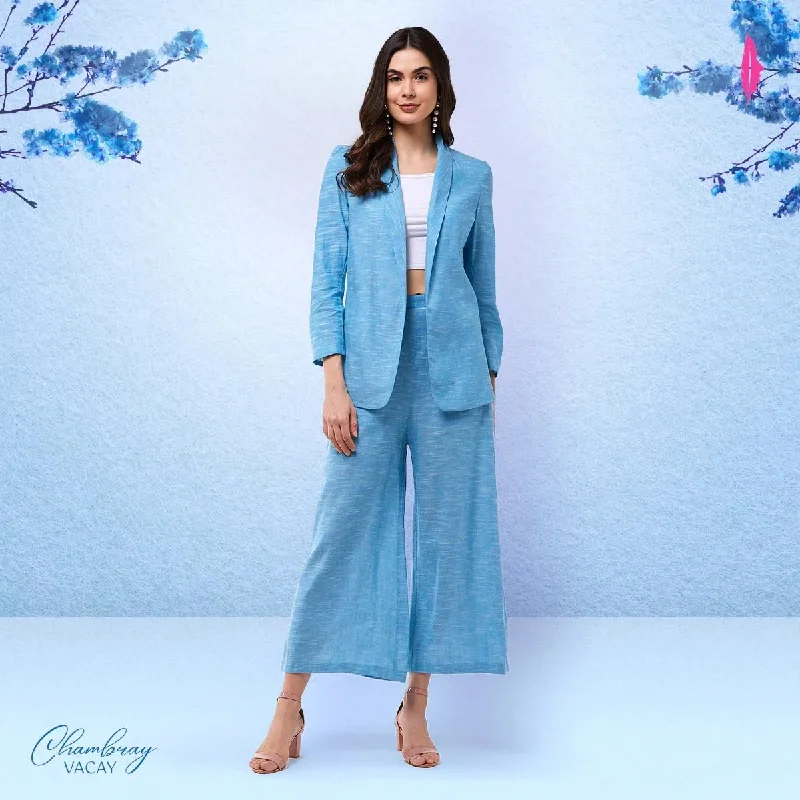 PANNKH Blue Chambray Long Blazer And Pant Set Slim Fit Blazer