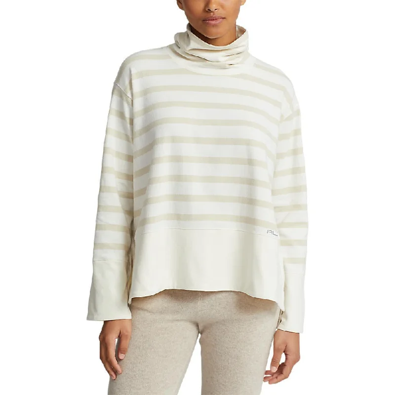 RLX Ralph Lauren Women's Striped Performance Cloud Fleece Pullover - Clubhouse Cream/Basic Sand Stripe Ribbed Crew Neck