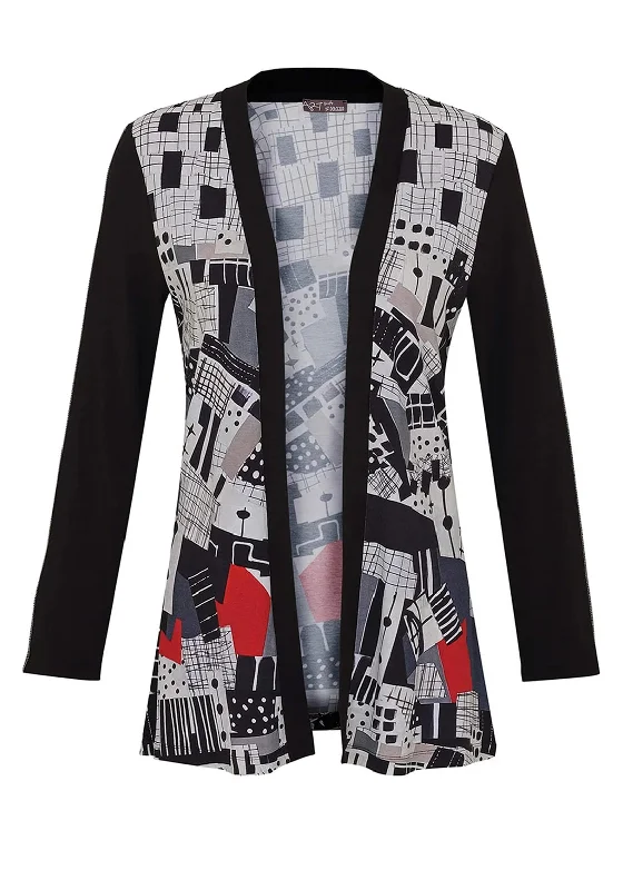 Dolcezza Geometric Print Open Cardigan, Black Fleece Fabric Down Fabric Feather Fabric