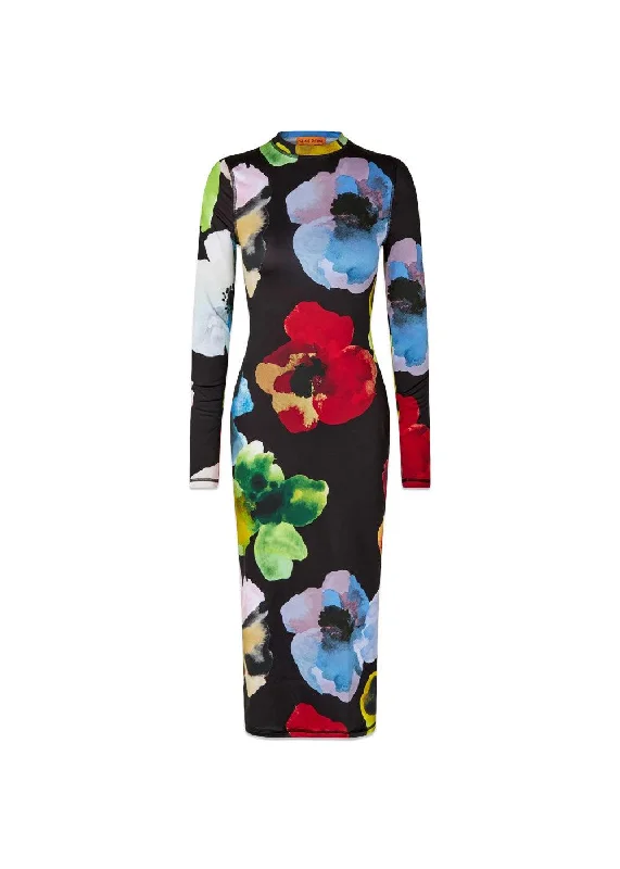 Pullover Long Sleeve Midi Dress - Watercolor Bloom Seamless Knit Pullover