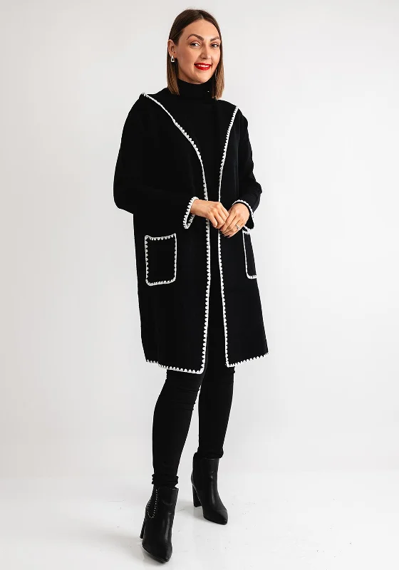 Serafina Collection Scallop Trim Knit Cardigan, Black Welt Pockets Slit Pockets Flap Pockets