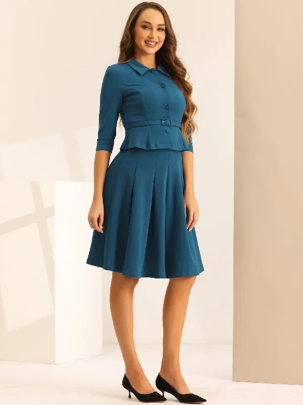 2 Piece 3/4 Sleeve Cropped Belted Blazer and Pleated Skirt Business Suit Sets Women's Banquet Suit 2 Piece 3/4 Sleeve Cropped Belted Blazer and Pleated Skirt Business Suit Sets Women's Banquet Suit