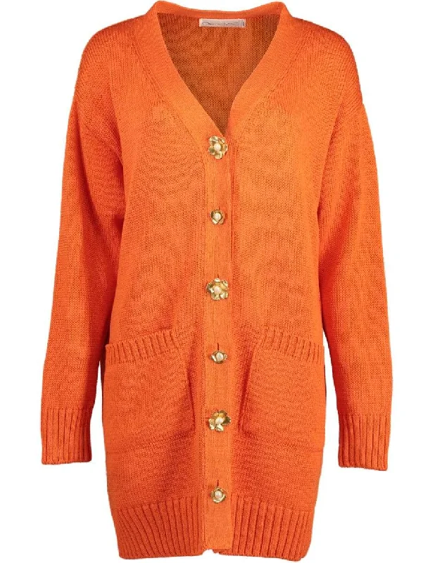 Flower Button Persimmon Long Sleeve Cardigan Solid Print Embellished