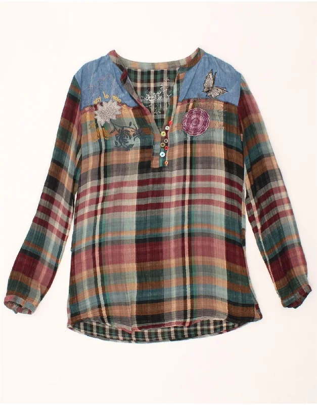 DESIGUAL Womens Graphic Pullover Shirt UK 12 Medium Multicoloured Check Gathered Sleeve Pullover