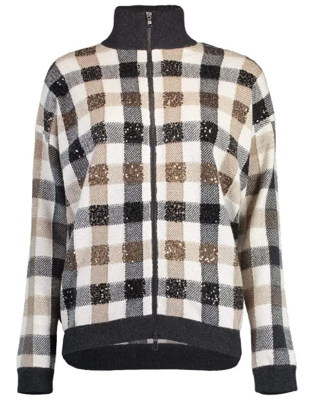 Onyx and White Paillette Check Zip Front Cardigan Herringbone Houndstooth Plaid