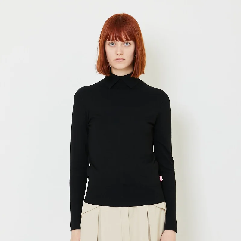Women High Neck Knit Top - Black - SW2409128B One Shoulder Knit Shirt