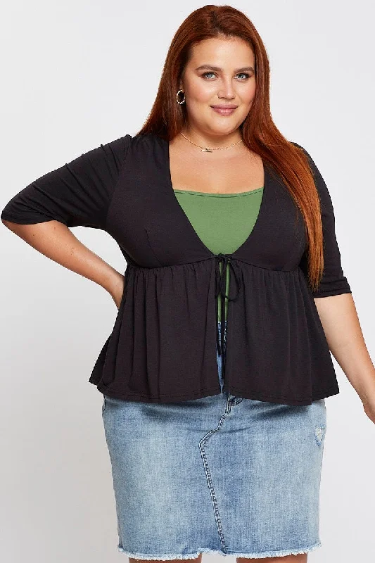 Black Tie Up Cardigan Short Sleeve Jersey Bright Pastel Dark