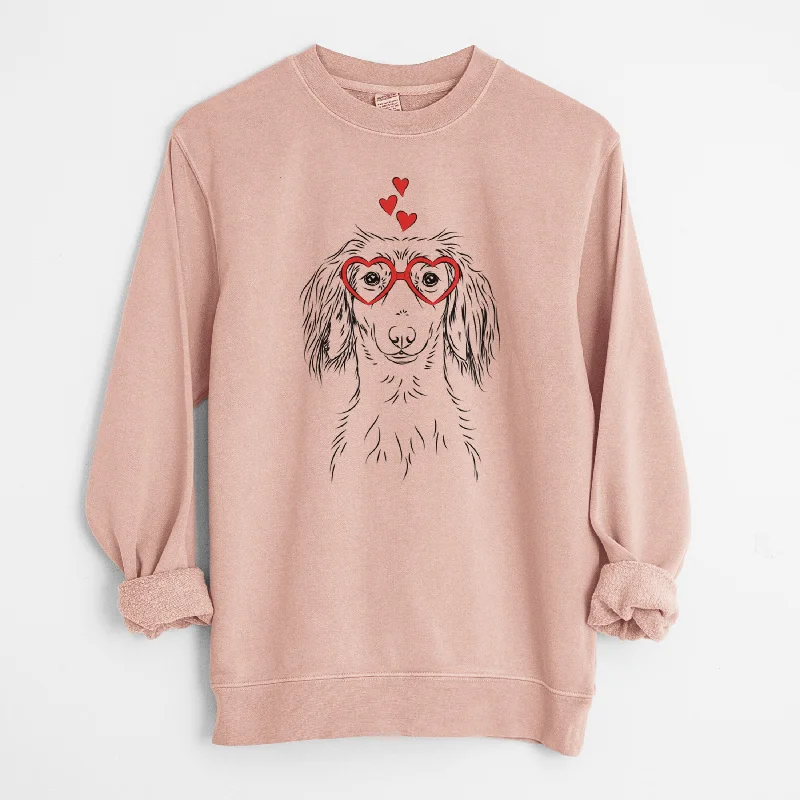 Valentine Roux the Long Haired Dachshund - Unisex Pigment Dyed Crew Sweatshirt Hoodie with Back Slit Movement Comfort Valentine Roux the Long Haired Dachshund - Unisex Pigment Dyed Crew Sweatshirt Hoodie with Back Slit Movement Comfort