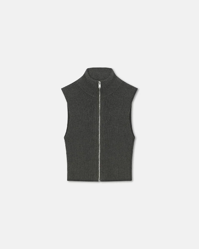 Kella - Zip-Up Terry-Knit Top - Graphite Metallic Knit Tee