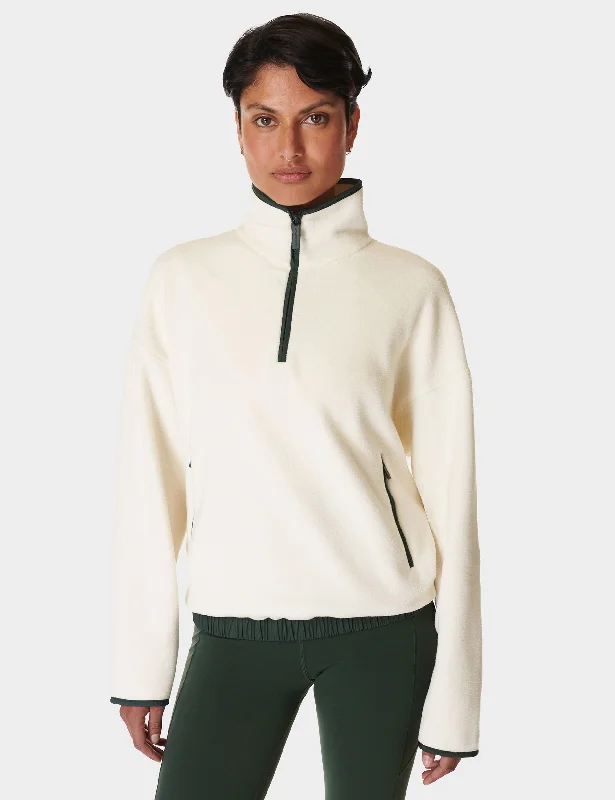 Mallow Half Zip Pullover - Studio White/Trek Green Batwing Sleeve Top