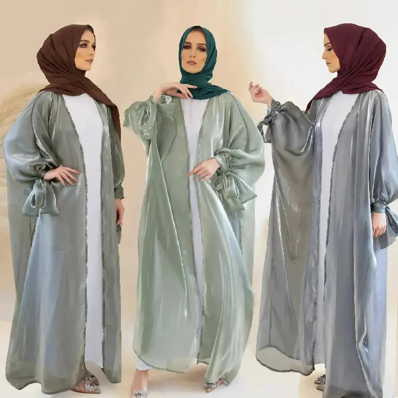 Lily Satin Cardigan Lace-up Bow Robe Abaya Dress for Arab Dubai Turkey Middle East Women Solid Color Striped Floral Print