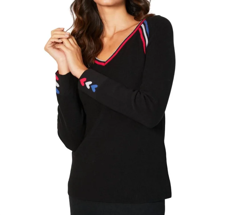 V-Neck Knit Top In Black/multi Linen Knit Blouse