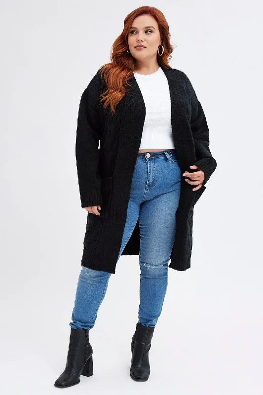 Black Longline Cable Knit Cardigan Mesh Blend Leather Blend Suede Blend