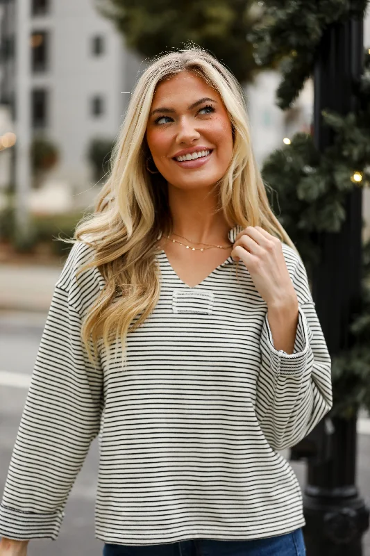 FINAL SALE - Won't Let You Down White Striped Knit Top Polo Neck Knit Top