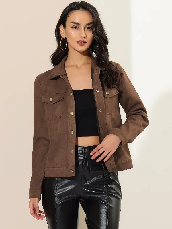Turn-Down Collar Flap Pocket Snap Button Faux Suede Jacket A-Line Jacket Boat Neck Shawl Collar