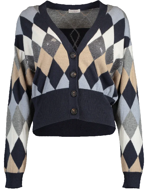 Argyle V-Neck Cardigan Jersey Fabric Tulle Fabric Batik Fabric