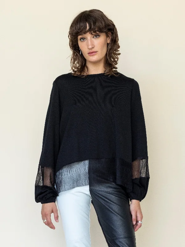 Poet Sleeve Knit Top in Black Round Neck Knit Blouse