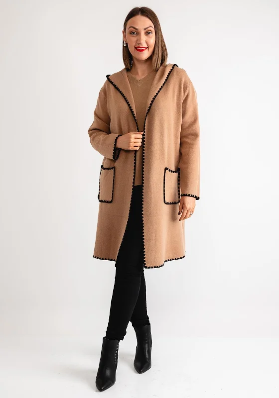 Serafina Collection Scallop Trim Knit Cardigan, Camel Front Pockets Side Pockets Patch Pockets