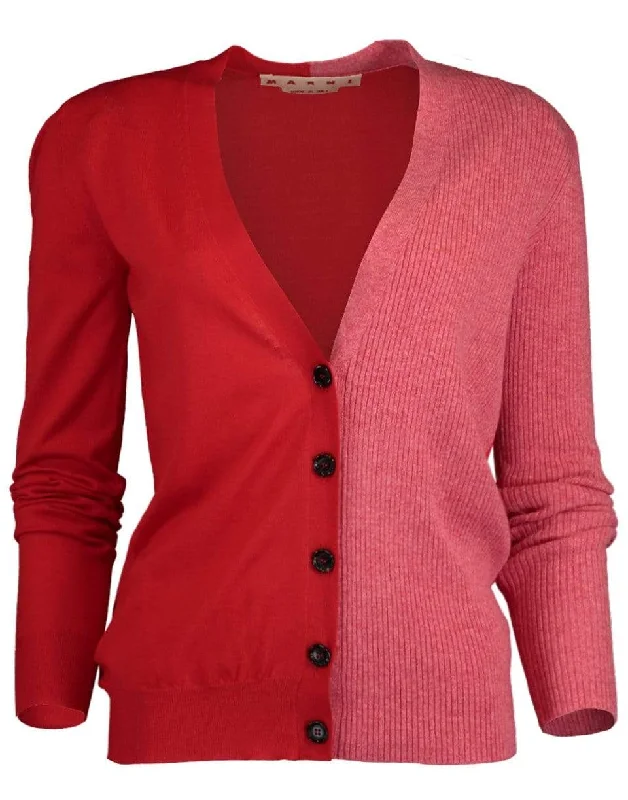 Orange and Red Color Blocked Cardigan Spandex Blend Rayon Blend Denim Blend