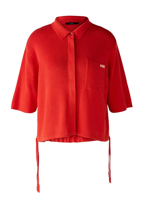 Oui Drawstring Hem Rib Knit Top, Red Festive Knit Tee