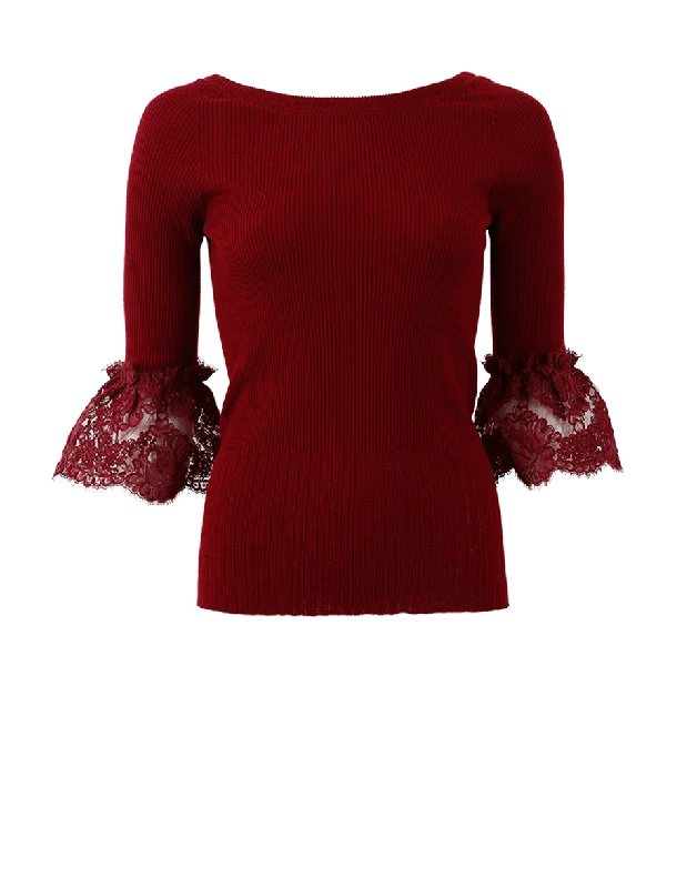 Lace Cuff Knit Top Silver Knit Shirt