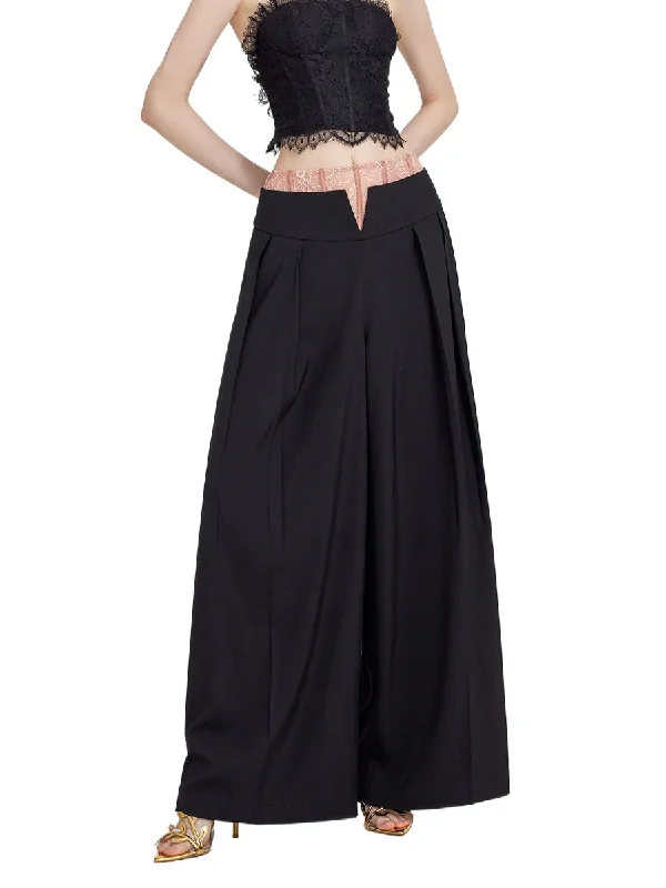 Lace-Trimmed Waist Wide-Leg Trousers Trousers luxurious high-end