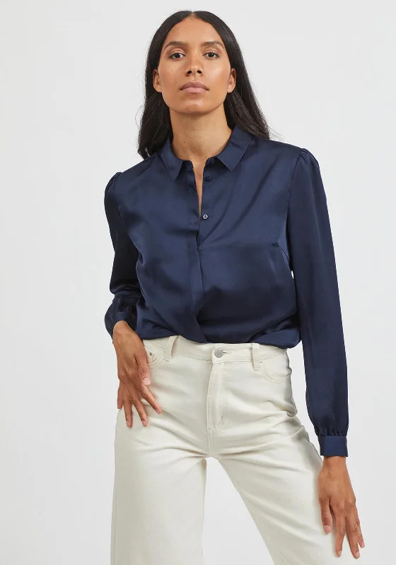 Vila Ellette Satin Shirt, Navy Blazer Women's Boutique Suit