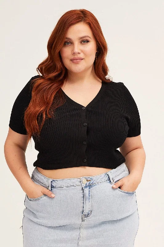 Black Cardigan Short Sleeve Ribbed Crop Knit Sequined Glittery Shiny