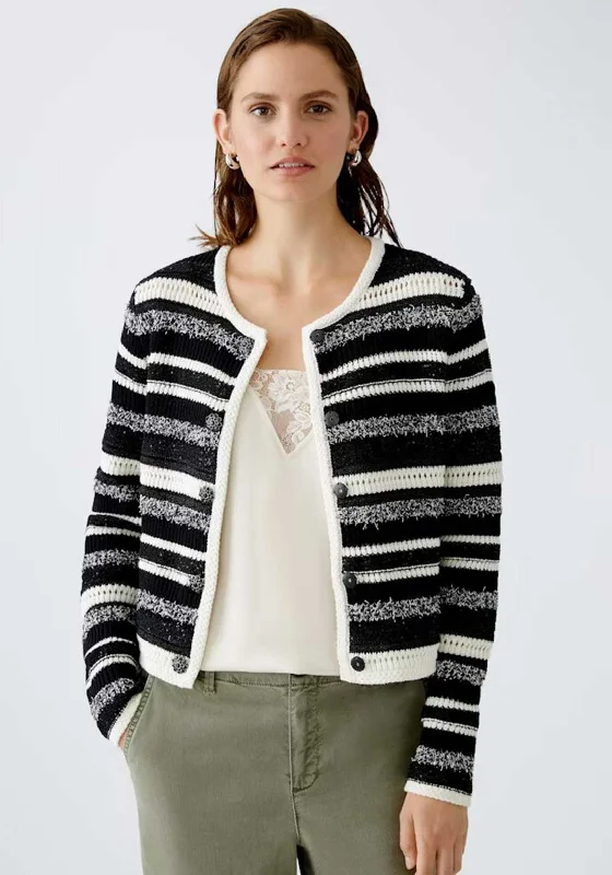 Oui Striped Pattern Button Up Cardigan, Black and White Boat Neck Shawl Collar Notched Collar