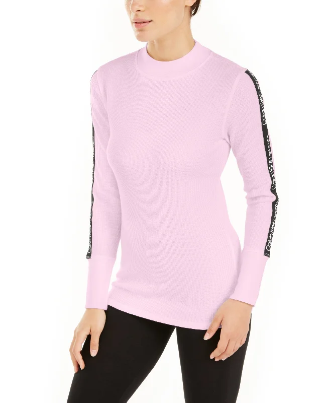 Calvin Klein Women's Logo-Stripe Mock-Neck Knit Top, Pink, XS Spring Knit Blouse