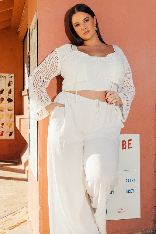 White Crochet Cardigan Long Sleeve Squared Neck Transparent Opaque Sheer
