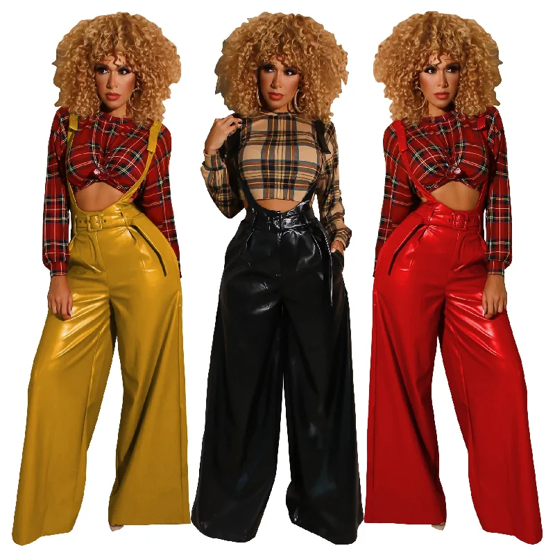BS107043 Fashion Casual elastic PU leather High Waist Wide Leg dungarees Fall Women trousers with suspenders Trousers versatile functional BS107043 Fashion Casual elastic PU leather High Waist Wide Leg dungarees Fall Women trousers with suspenders Trousers versatile functional