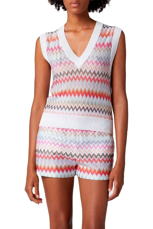 Sleeveless Zigzag Knit Top In Brilliant White Evening Knit Shirt