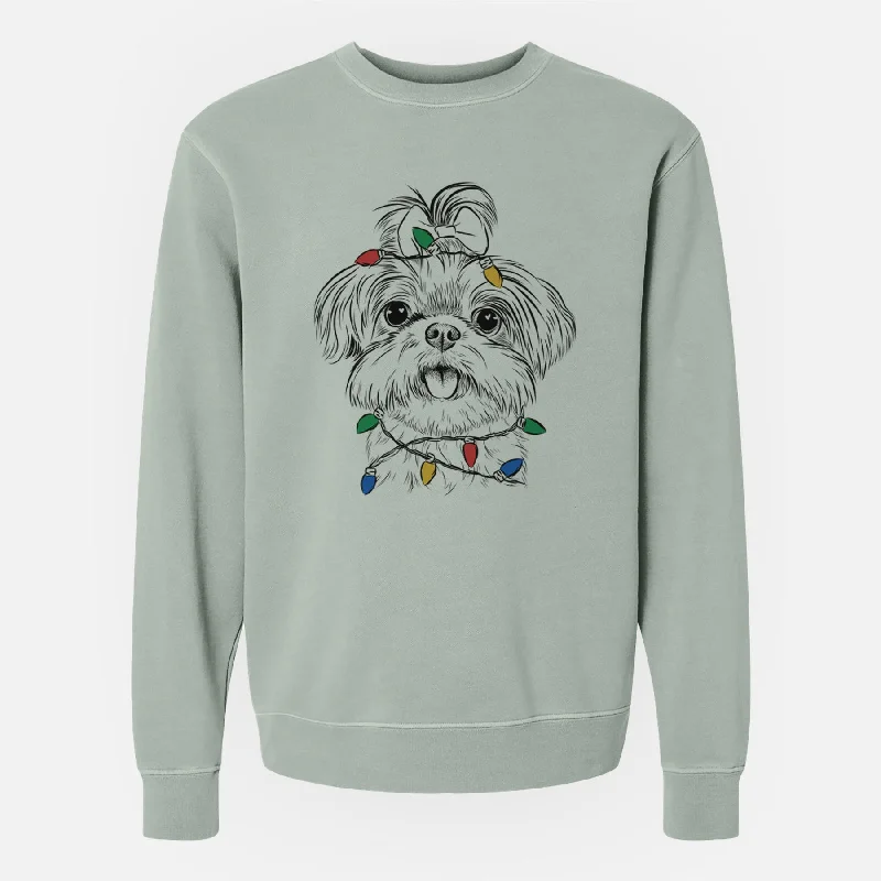 Christmas Lights Pebbles the Shorkie - Unisex Pigment Dyed Crew Sweatshirt Hoodie with Oversized Fit Loose Comfortable