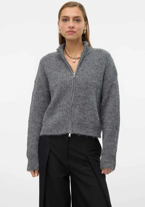 Vero Moda Nono Zipped Knit Cardigan, Grey Knit Fabric Woven Fabric Fleece Fabric