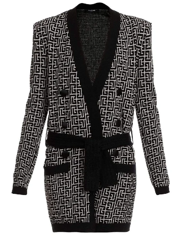 Jacquard Wool-Blend Belted Monogram Cardigan Neon metallic Matte