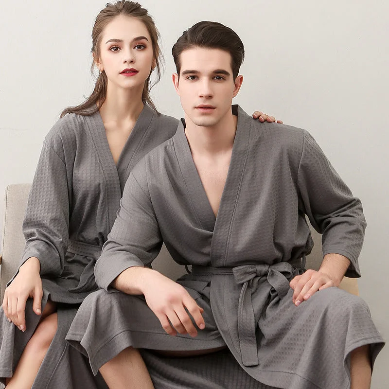 Wjczt Spring and Summer Couple Nightgown One Piece Solid Color Waffle Cardigan Three-Quarter Sleeve Robe Bright Pastel Dark Wjczt Spring and Summer Couple Nightgown One Piece Solid Color Waffle Cardigan Three-Quarter Sleeve Robe Bright Pastel Dark