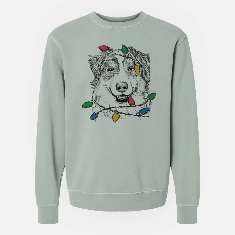 Christmas Lights Aonghus the Australian Shepherd - Unisex Pigment Dyed Crew Sweatshirt Hoodie with Tied Waist Feminine Flattering Christmas Lights Aonghus the Australian Shepherd - Unisex Pigment Dyed Crew Sweatshirt Hoodie with Tied Waist Feminine Flattering