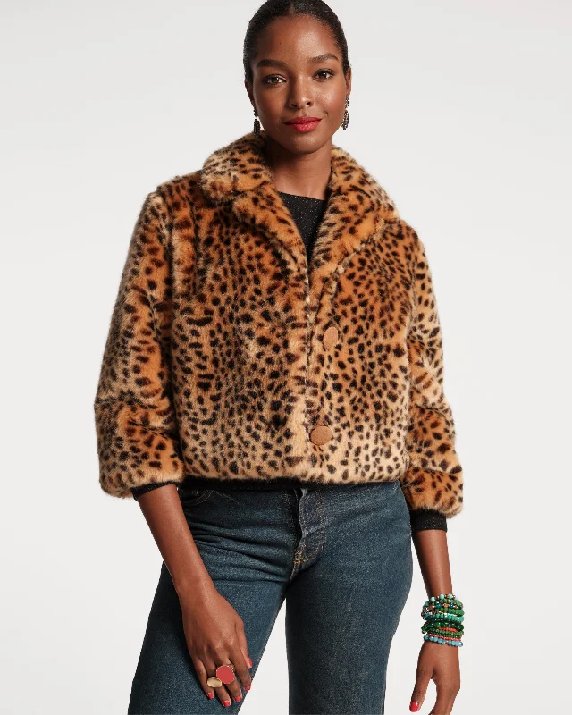 Erika Jacket Faux Fur Leopard Snapped Jacket Toggled Jacket Drawstring Jacket