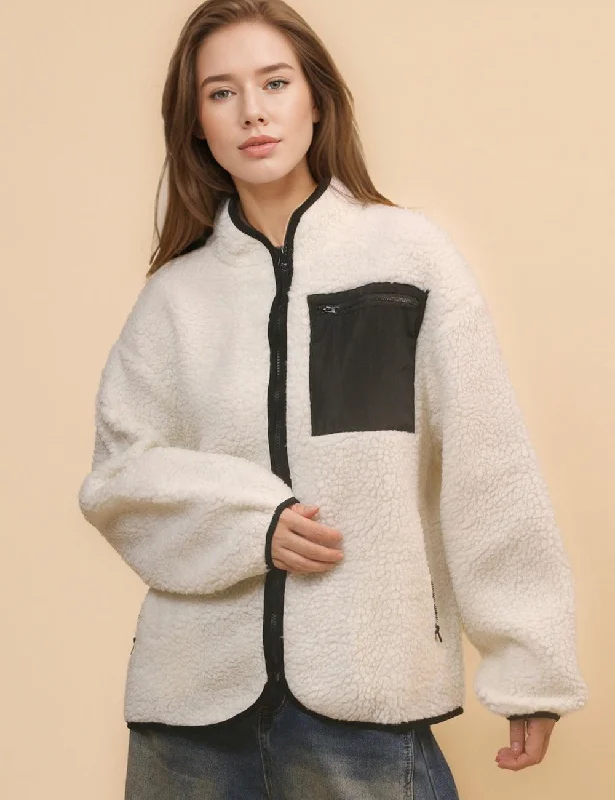 Ladies Color Block Fleece Pocket Zip Jacket SKT4671 Rayon Fabric Velvet Fabric Corduroy Fabric